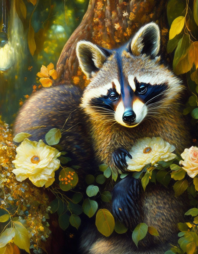 Detailed Painting of Raccoon with White Flowers in Forest Habitat