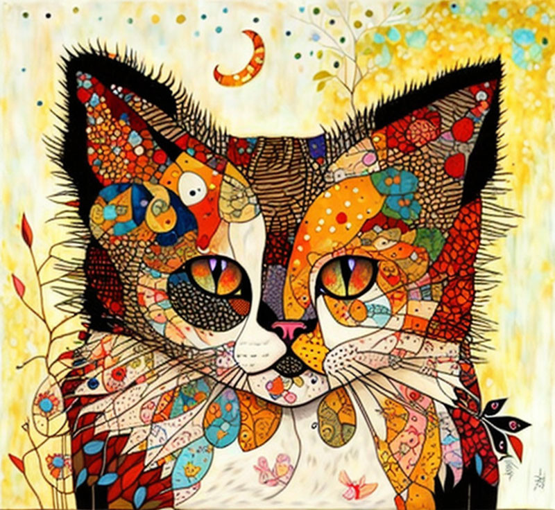 Vibrant cat painting with large eyes and crescent moon