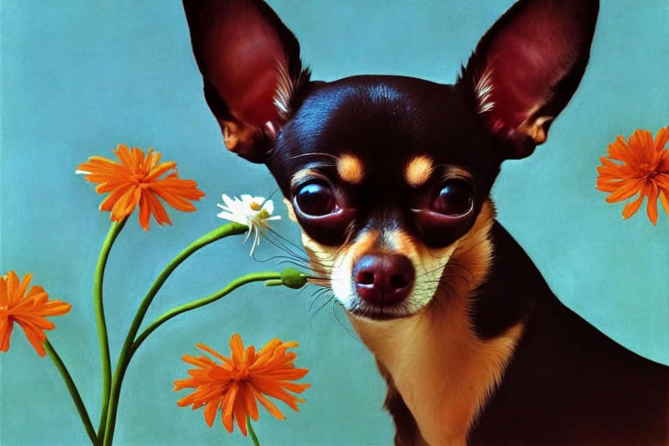 Chihuahua with Large Ears Among Orange Flowers on Blue Background