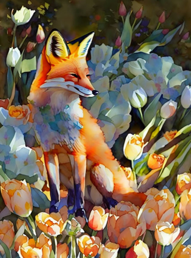 Colorful Impressionistic Painting of Fox Among Blooms