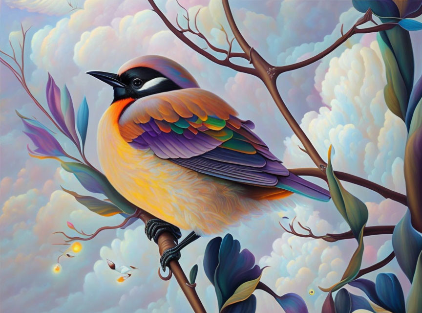 Colorful Stylized Bird with Rainbow Plumage Perched in Whimsical Scene