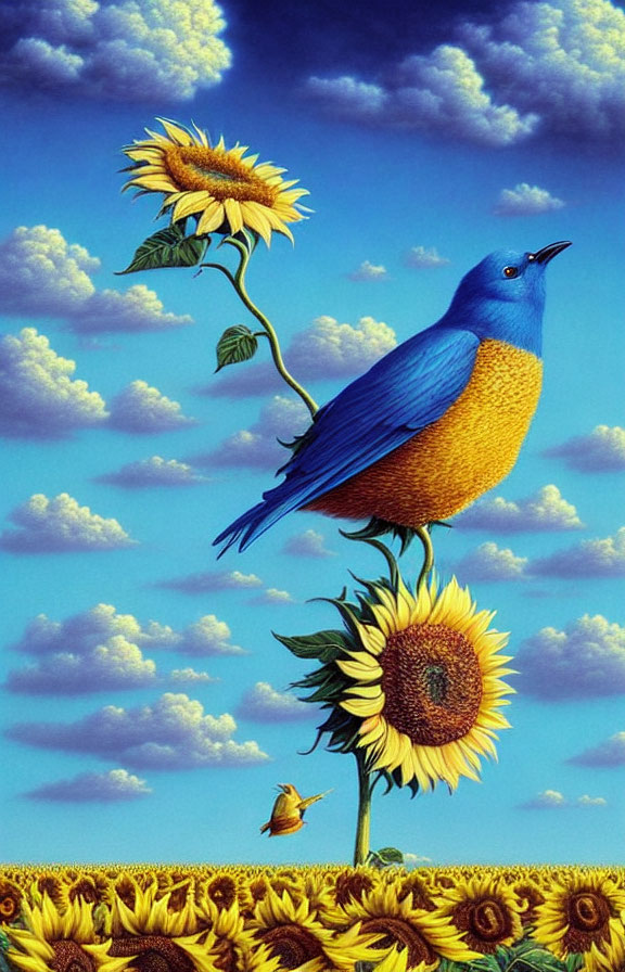 Blue bird on sunflower under blue sky with clouds and sunflowers in field.