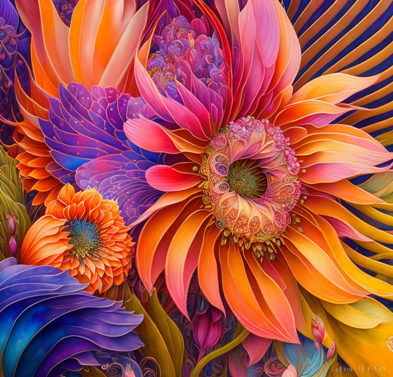 Colorful Floral Painting with Overlapping Petals in Orange, Purple, and Pink