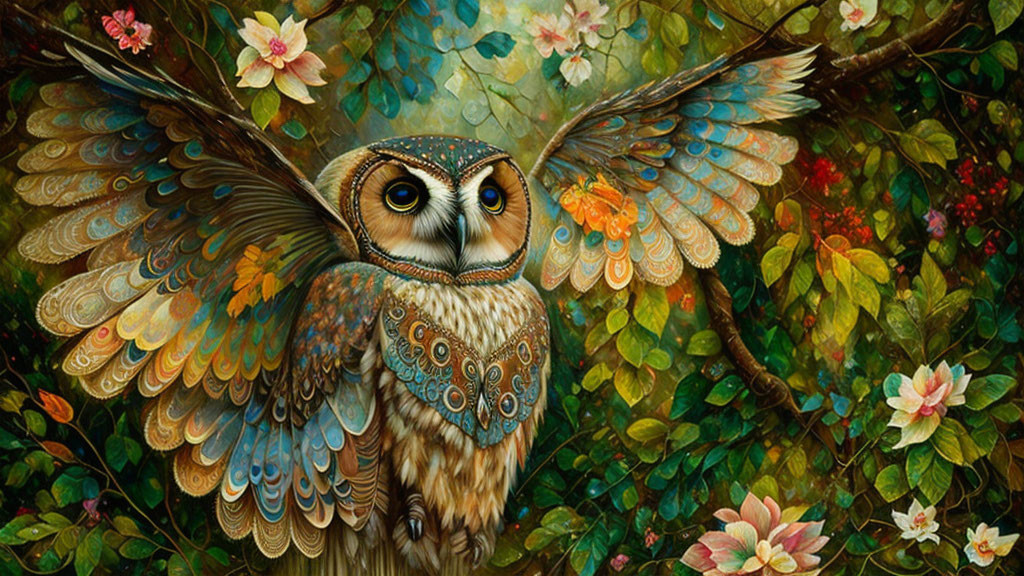 Colorful Owl Illustration with Intricate Patterns in Lush Nature Setting