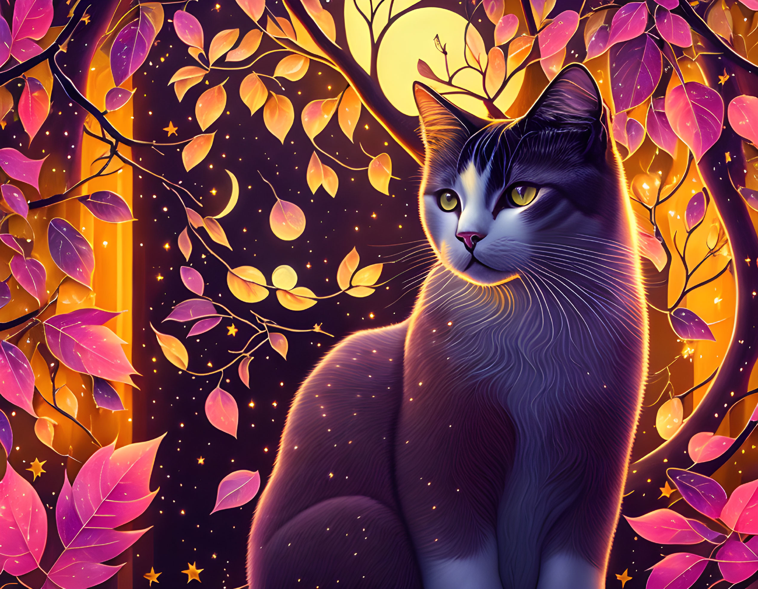 Majestic blue and purple fur cat in twilight with glowing leaves and full moon