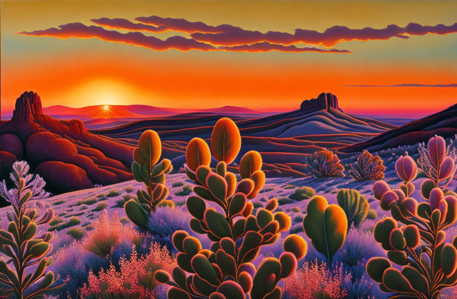 Scenic landscape painting: sun setting over hills with cacti in foreground