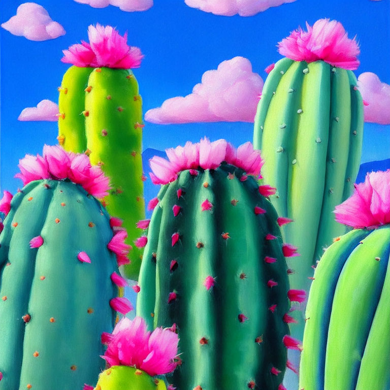 Vibrant green cacti and pink flowers under blue sky with fluffy clouds