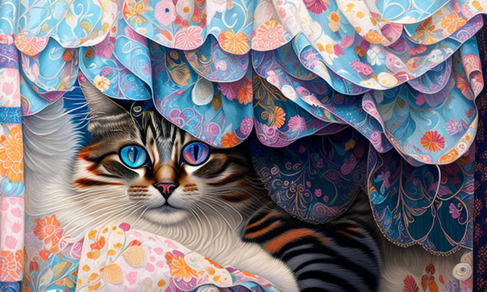 Colorful Cat Illustration with Striking Blue Eyes and Vibrant Fabrics