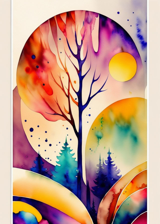 Abstract Watercolor Painting: Sun, Trees, and Swirl Patterns in Warm Shades