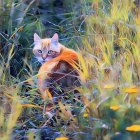 Vibrant watercolor artwork: Cat in autumn foliage with blues, oranges, and yellows