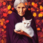 Elderly woman with cat in flower-filled setting