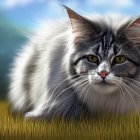 Long-haired tabby cat with green eyes lounging in grassy field