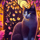 Vividly Colored Cats in Fantasy Floral Scene at Night