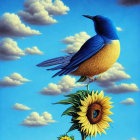 Blue bird on sunflower under blue sky with clouds and sunflowers in field.