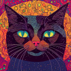 Colorful Abstract Painting of Two Cats on Purple-Pink Background