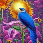 Detailed artwork of blue bird with glowing yellow head on green stem amidst purple flora and fiery orange bird.