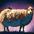 Colorful Sheep and Birds Illustration on Purple Background