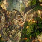 Colorful Owl Illustration with Intricate Patterns in Lush Nature Setting