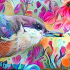 Vibrant bird illustration with blue and white plumage in pink and orange blossoms