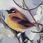 Colorful Bird Painting with Whimsical Branch and Abstract Background