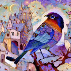 Colorful painting of stylized bird on branch with whimsical houses under twilight sky.