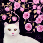 Colorful painting of serene cat with green eyes among pink and orange roses on dark floral background