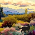 Colorful Cat Walking on Path Through Meadow with Trees and Cottages Under Sunset Sky