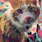 Vibrant watercolor painting of a cat with blue eyes and colorful leaves