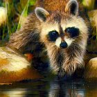 Detailed Painting of Raccoon with White Flowers in Forest Habitat