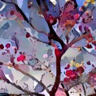 Whimsical painting of silhouetted figures under vibrant tree