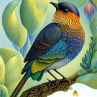 Colorful Bird Illustration with Floral Background and Intricate Patterns