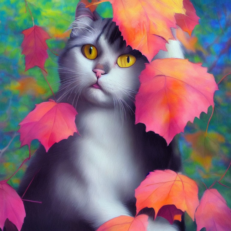 Grey and White Cat with Yellow Eyes Peeking Through Autumn Leaves