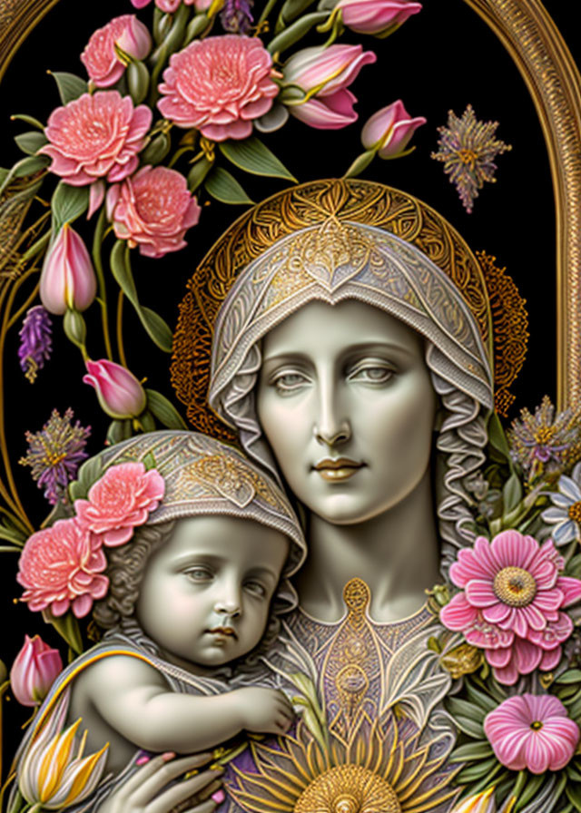 Detailed Illustration: Woman and Child with Halo Among Pink Flowers on Dark Background