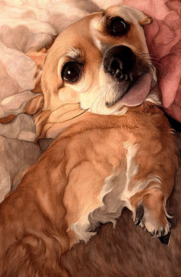 Detailed Close-Up Illustration of Brown and White Dog with Expressive Eyes