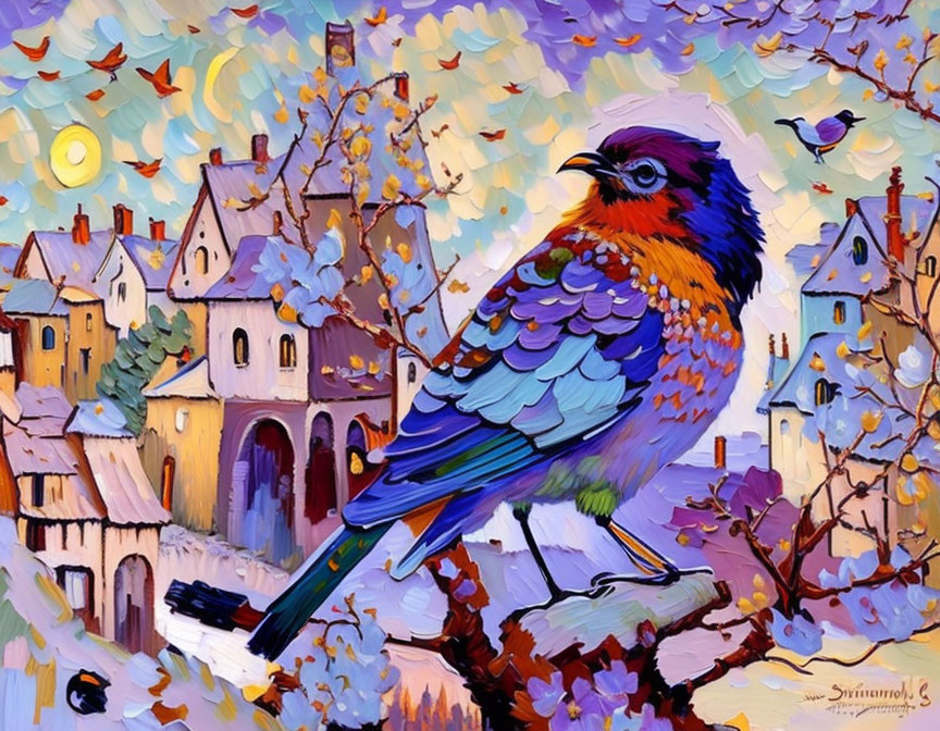 Colorful painting of stylized bird on branch with whimsical houses under twilight sky.