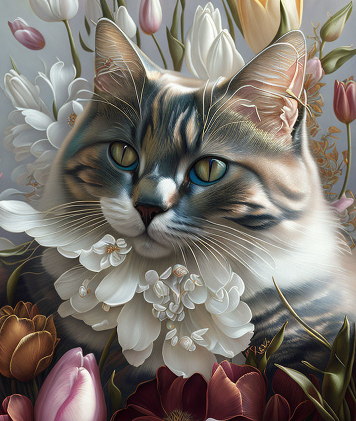 Detailed Hyper-Realistic Cat Illustration with Colorful Flowers