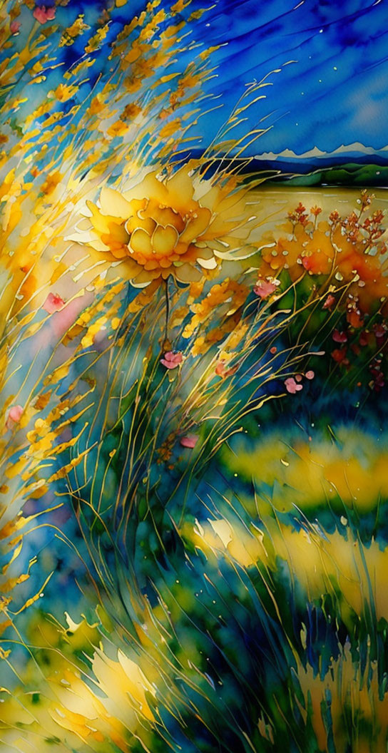 Colorful painting of yellow flowers on blue background