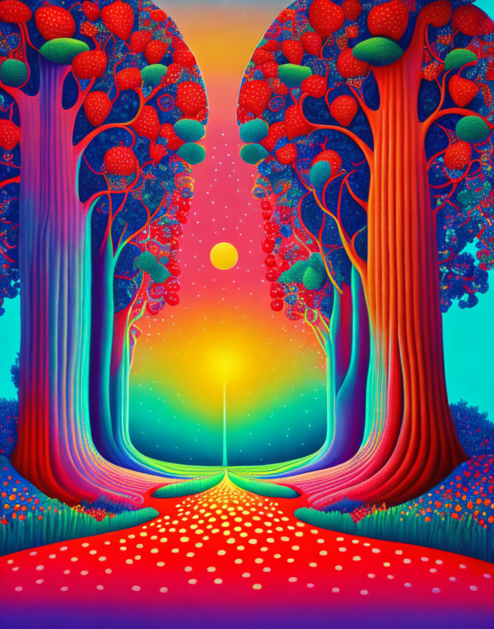 Vivid Psychedelic Artwork: Sunlit Path Between Two Trees