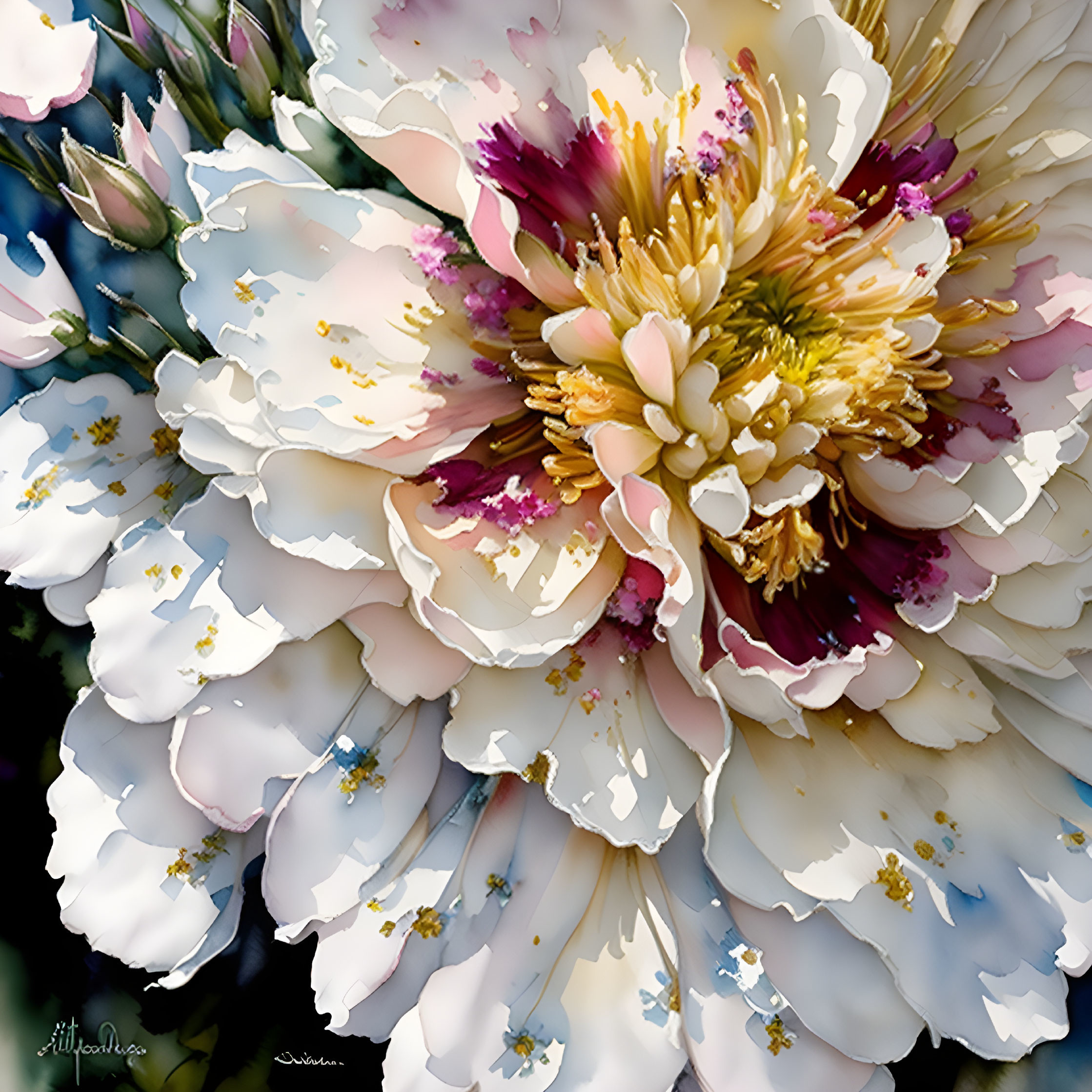 Detailed digital painting of vibrant flower with white and pink petals, golden center, and blue accents