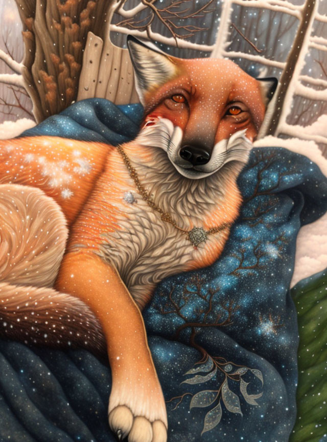 Fox in starry blanket amidst snowy backdrop with pendant necklace