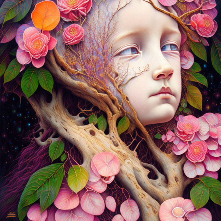 Surreal face blending with tree in vibrant flora against starry backdrop