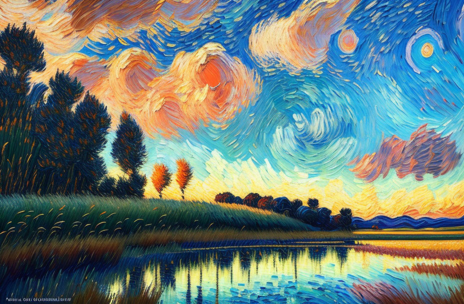 Colorful swirling sky, vibrant trees, and reflective water in landscape painting