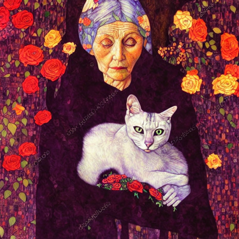 Elderly woman with cat in flower-filled setting