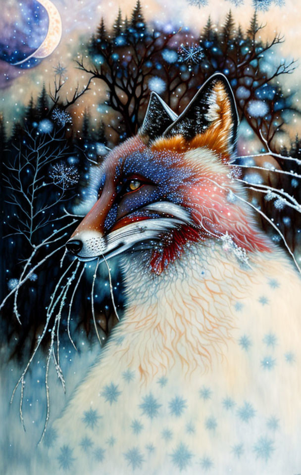 Illustration of mystical fox with cosmic pattern in moonlit winter scene