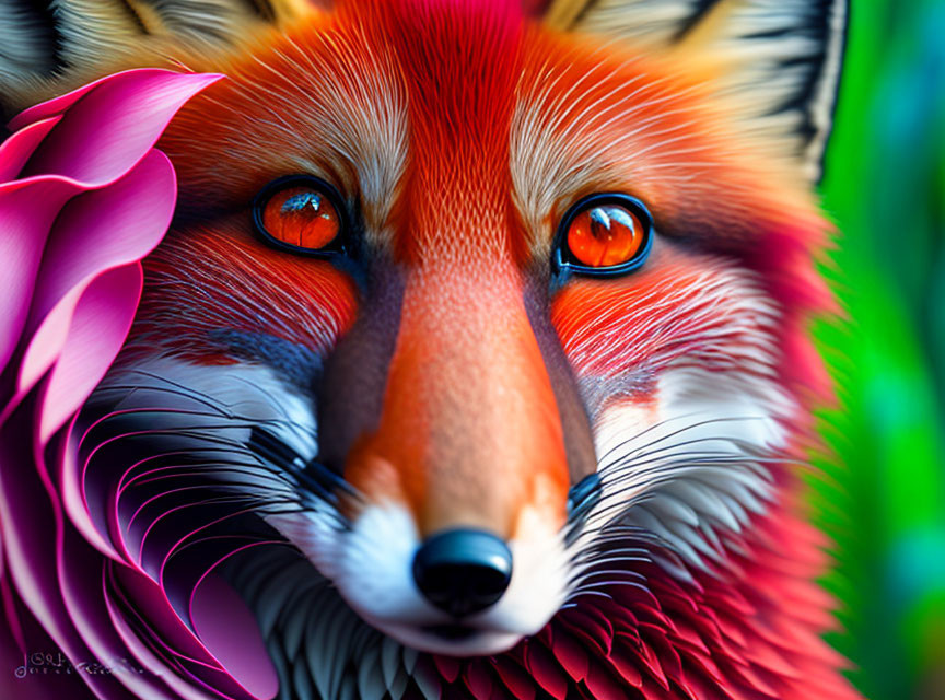 Colorful digital artwork: Red fox with orange eyes and vibrant foliage.