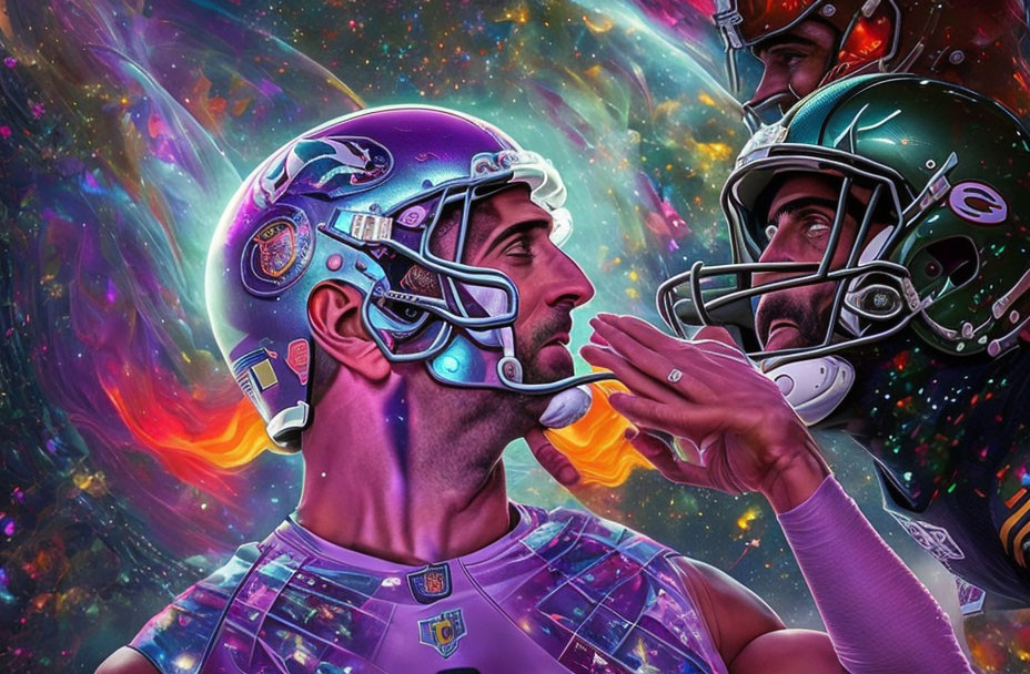 Vibrant cosmic-themed football players against colorful nebula backdrop