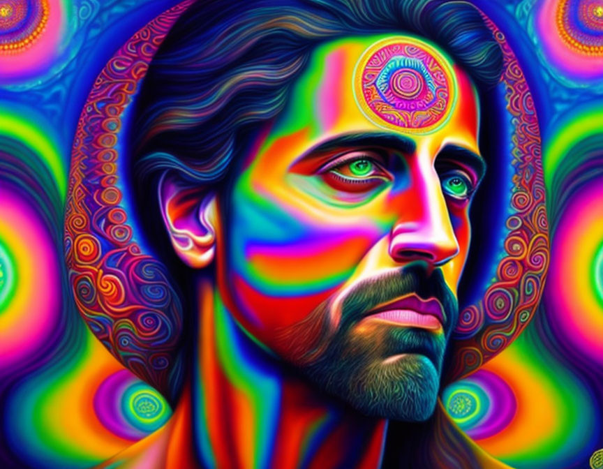 Colorful Psychedelic Portrait of a Man with Third Eye