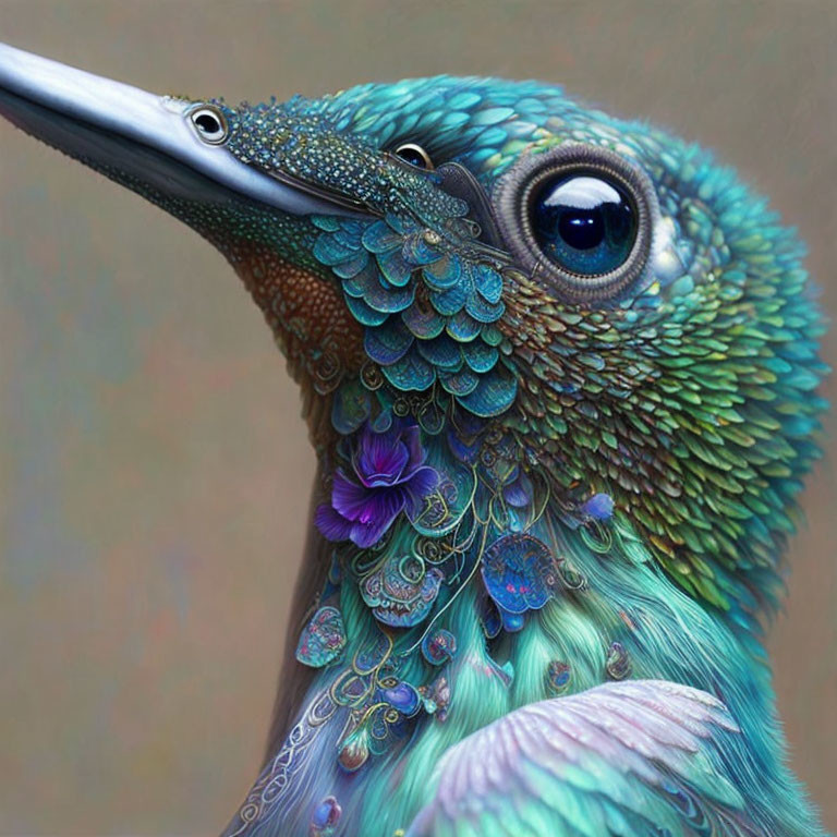 Colorful Bird with Iridescent Feathers in Blue, Green, and Purple Close-Up