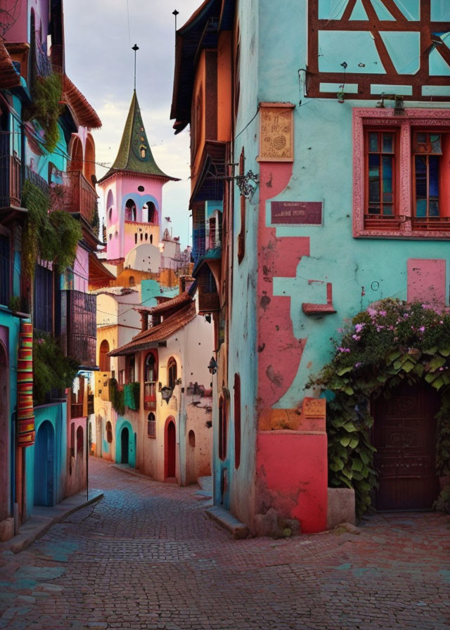 Colorful cobblestone street with eclectic buildings and church spire at dusk