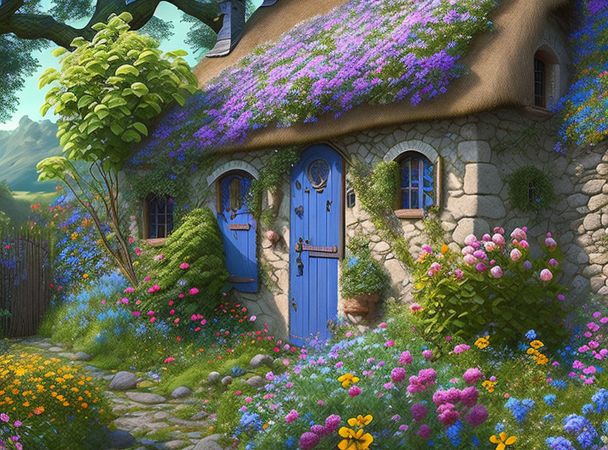 Thatched Roof Cottage with Purple Flowers and Blue Doors